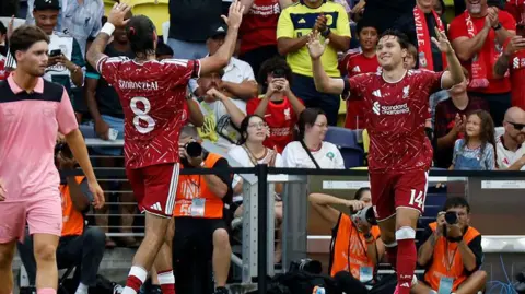 Liverpool players celebrate against Sunderland