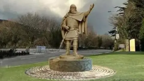 A illustration of the Viking statue, set on a plinth with a circle of paving surrounding the base. It is on a grassed area with a road junction in the background.