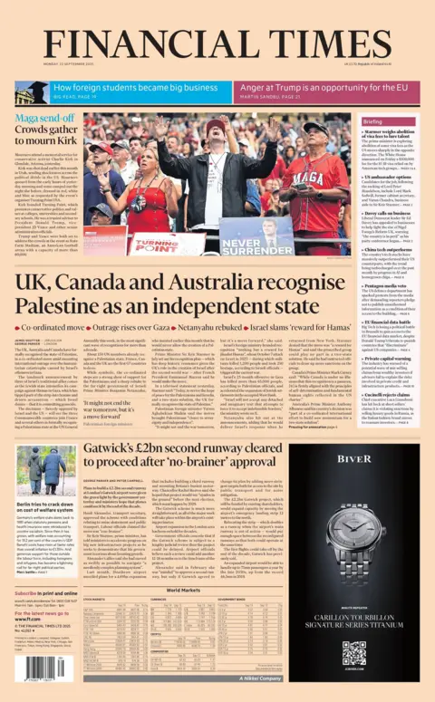 "UK, Canada and Australia recognise Palestine as an independent state" reads the headline on the front page of the Financial Times.