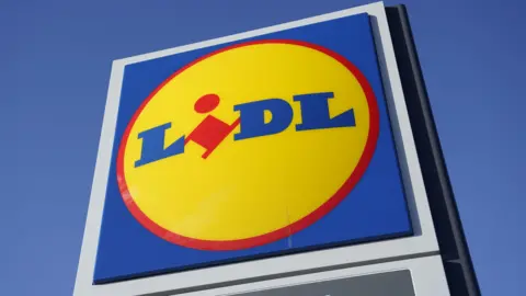 A close-up of a large Lidl sign