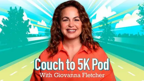 A woman with brown hair is smiling at the camera, wearing an orange shirt. Behind her is a cartoon-style background of trees and roads, all in shades of blue and green. At the bottom of the screen, text reads "Couch to 5K Pod" and in smaller text, "with Giovanna Fletcher".