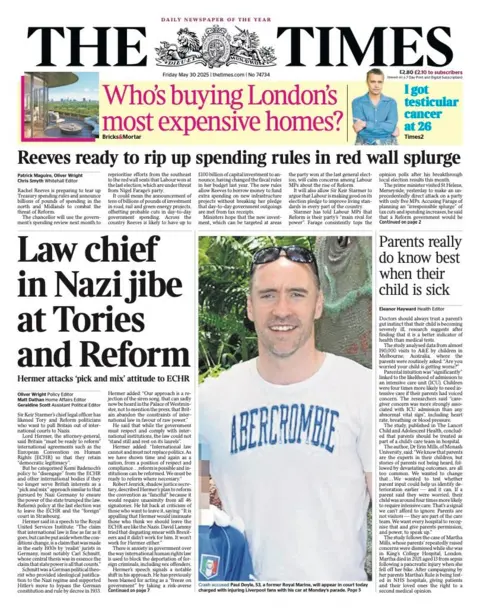 The headline on the front page of the Times reads: "Law chief in Nazi jibe at Tories and Reform".