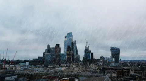 Getty Images Rain falls over the buildings of the City of London.