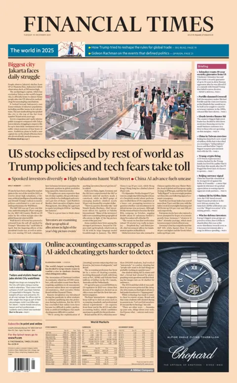 "US stocks eclipsed by rest of world as Trump policies and tech fears take toll," reads the headline on the front page of the Financial Times.
