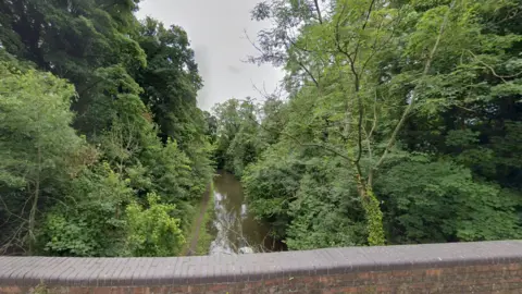 A picture looking down on a canal from a bridge above it. Lots of large trees line the canal, taking up most of the picture.