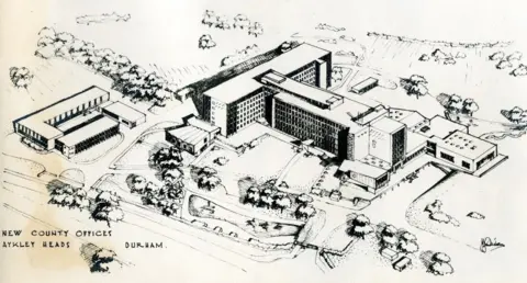 The Story/Durham County Council An ink sketch of the building seen from the air. It it is a large, capital T-shaped building with a flat roof and lots of windows.