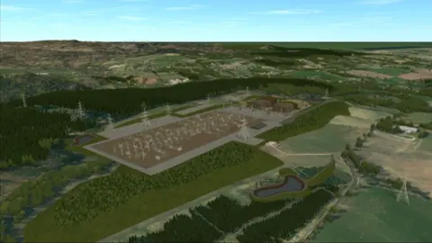 SSEN Transmission An illustration of the proposed substation. The site is the shape of a long grey rectangle with a smaller brown rectangle shape on top. There are a number of grey electricity towers on the site.