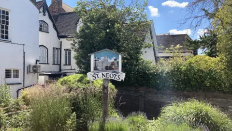 Emma Howgego/BBC A decorative town sign reading "St Neots" stands in front of some shrubs and trees and historic white houses with tiled roofs. The sky is blue with fluffy white clouds. 