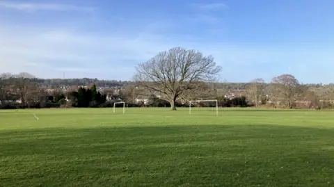 Stoke Lodge field. There is a large brown tee in the centre and two goal posts with white pitch markings around them.