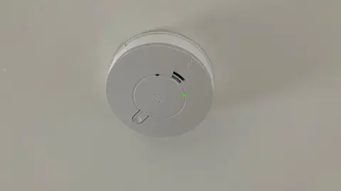 James Grant/BBC A white carbon monoxide alarm on a ceiling. 