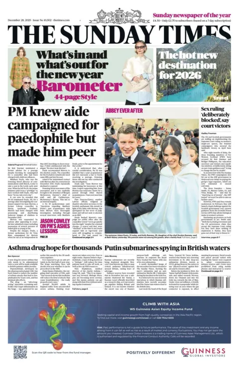 The headline on the front page of the Sunday Times reads: "PM knew aid campaigned for paedophile but made him peer".