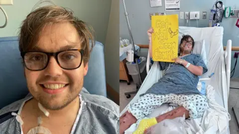 PA Real Life Charlie Vincent with dark hair and glasses in a hospital bed, and also shown with a Get Well card