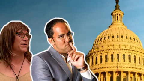 Getty Images Composite image showing candidates Christine Hallquist and Will Hurd in front of the Capitol building