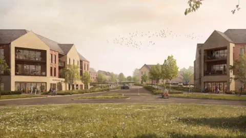 An illustration of the local centre buildings. There's some grassland in front of the buildings