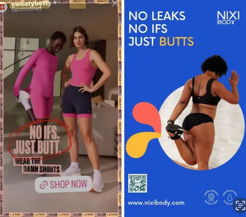 Sweaty Betty/Nixi Body Composite image showing Sweaty Betty advert on the left, featuring two women in lycra with the words "NO IFS. JUST BUTT." circled in red. On the right is a Nixi Body advert, showing a woman in sports underwear from behind, stretching, and the words "NO LEAKS, NO IFS, JUST BUTTS"