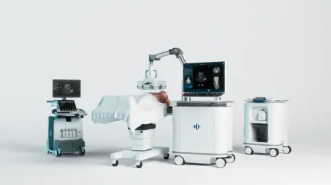 An illustrative image of a person on hospital bed with a machine over the top of them. Next to them is an ultrasound screen and a computer. 