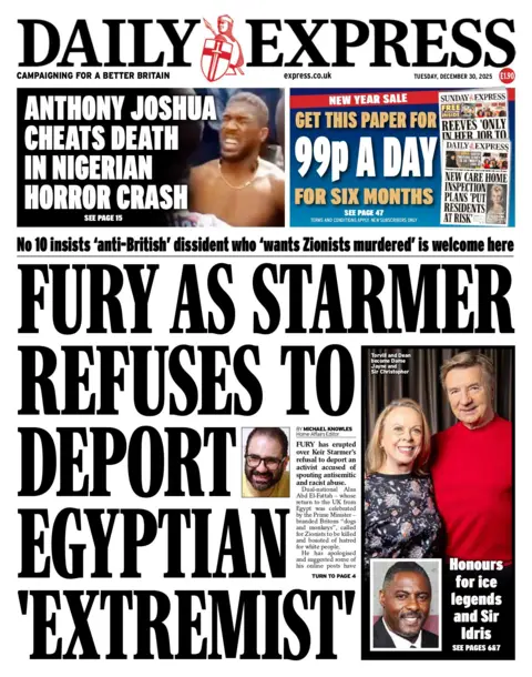 "Fury as starmer refuses to deport Egyptian 'extremists'" reads the headline on the front page of the Daily Express.
