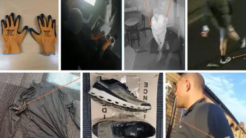 Nottinghamshire Police Images of a pair of orange gloves, a jacket and trainers along with CCTV stills of Pywell at the break-ins
