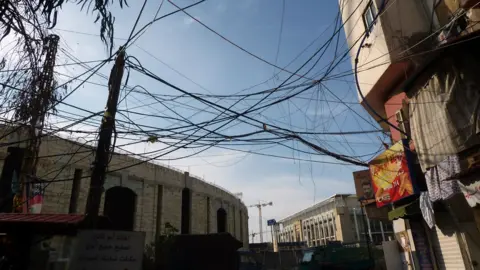 Electricity wires strung between buildings in the Shatila Palestinian refugee camp in Lebanon