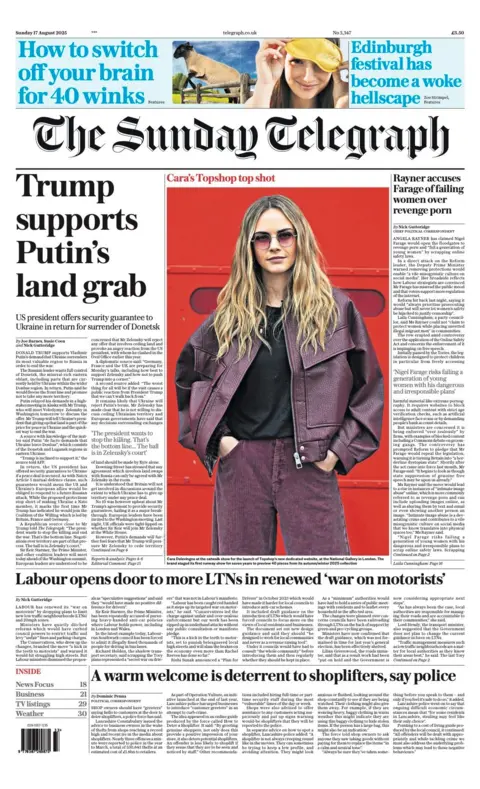 The headline on the front page of The Sunday Telegraph reads: "Trump supports Putin's land grab".