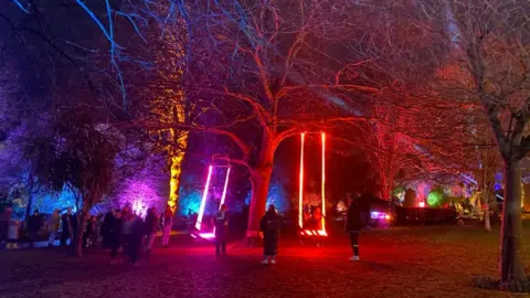 BBC Large tree with a pink swing and red swing for people to use