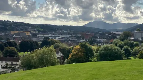 A vista of fields and hills in Newry. The photo has been taken from a field of grass. Trees and houses are in the background. 