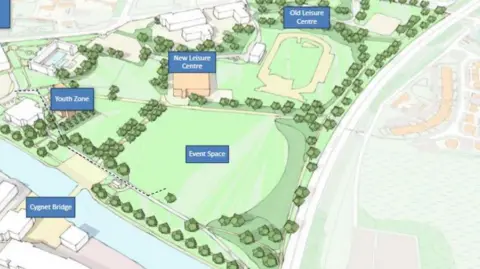 Peterborough City Council An map of the new proposed youth zone. With a youth zone, event space, new leisure centre and old leisure centre marked on it. 
