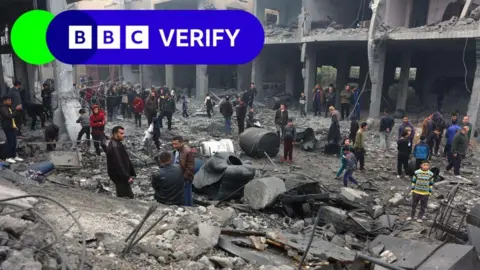 Getty Images Rubble in Gaza following a strike on 16 January. 