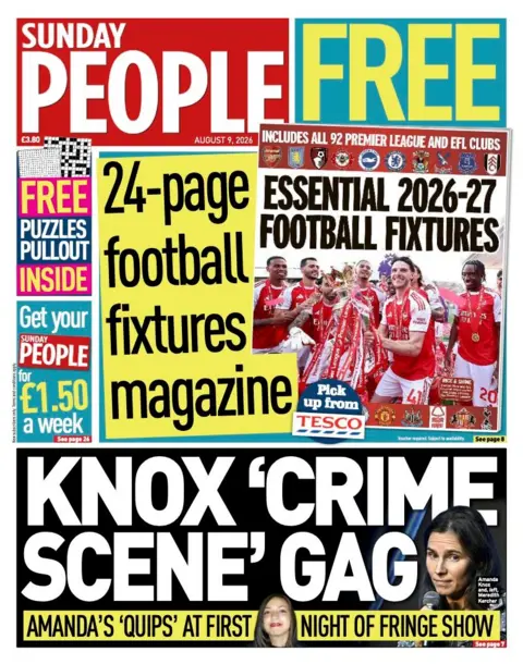 The headline on the front page of the Sunday People reads: “Knox 'crime scene' gag”.