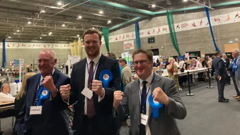 Laura Coffey/BBC Three men standing in a row celebrating victory at an election-night count in a sports hall. The man on the left is smiling and holding his clenched left fist in the air in triumph. He is wearing a candidate's lanyard and a blue Conservative rosette. He has a dark blue suit with a white shirt and a tie. The man in the centre is looking at the camera and smiling. He is holding two clenched fists in the air. He also has a Conservative rosette and a tie. The third man on the right is wearing glasses, is also smiling and has his fists in the air. He is wearing a grey suit, a white shirt and a tie. He also has a Conservative rosette.