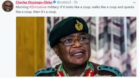 Twiiter/ Charles onyango-Obbo Tweet from journalist: "Morning #Zimbabwe military; if it looks like a coup, walks like a coup and quacks like a coup, then it's a coup."