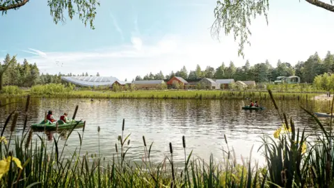 Center Parcs A drawing of people boating on a lake with rushes in the foreground and buildings in the distance