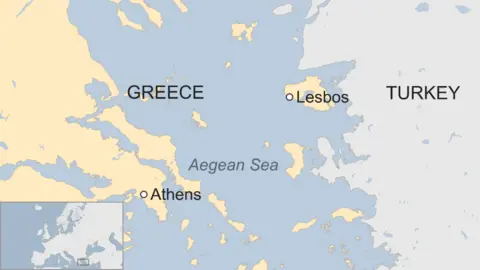 Map showing the Greek island of Lesbos and the Aegean Sea