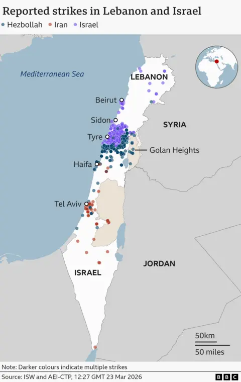 A map of Israel and Lebanon showing locations of reported strikes from the Israeli Defence Force into Lebanon, Hezbollah into northern Israel the border area of southern Lebanon; and Iranian strikes in northern and mid Israel. Source: Institute for the Study of War. 