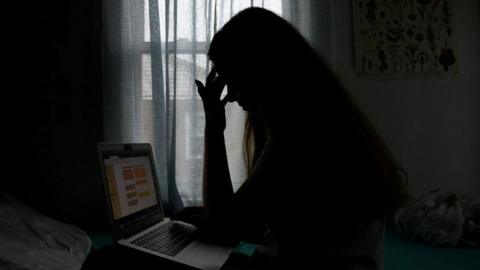 A girl looks sadly at her laptop. She is silhouetted to highlight the despair felt by those in this situation. 