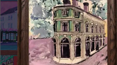 Gary North An impressionistic green and white painting of a pub