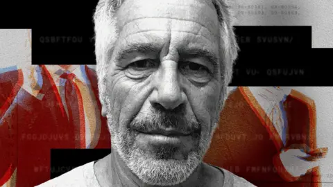 A heavily stylised, high contrast composite image with a black-and-white photo of Jeffrey Epstein’s head in the centre and abstract red, orange, and beige shapes resembling suited figures on either side. The background includes dark horizontal bars with scattered, distorted alphanumeric characters. The overall effect is graphic and textured, with a mix of digital noise and collage-like elements.