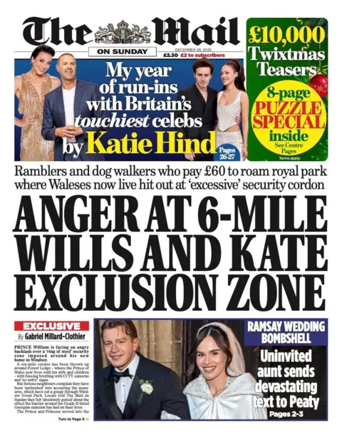 The headline on the front page of the Mail on Sunday reads: "Anger at 6-mile Wills and Kate exclusion zone".