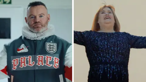 Wayne Rooney and Susan Boyle in scenes from their adverts