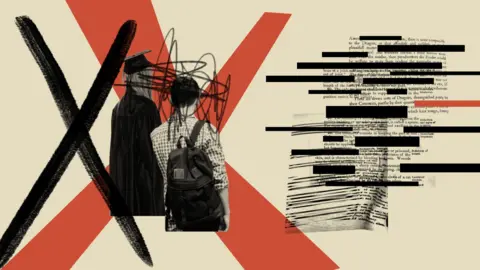 BBC illustration of backs of students next to censored text