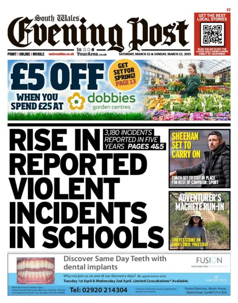 South Wales Evening Post The headline of the front page of the South Wales Evening Post reads: "Rise in reported violent incidents in schools" in large black bold font. 