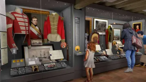 A digital image of what the exhibition will look like in its new home. Glass exhibit cases show red military uniforms and medal. A little girl, a woman and another woman look inside the exhibits. 