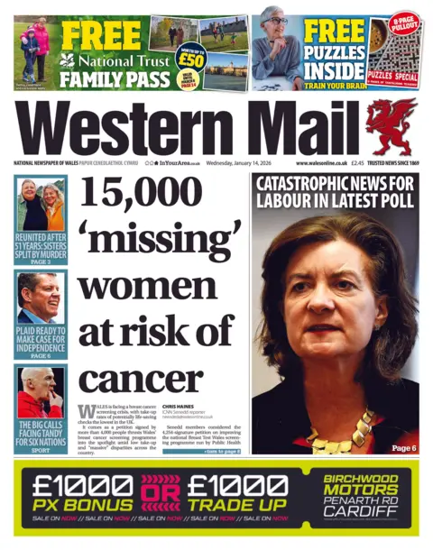 Western Mail Western Mail front page. Headline is: 15,000 'missing' women at risk of cancer