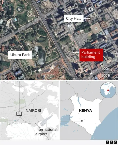 Map showing significant locations in the Nairobi protests