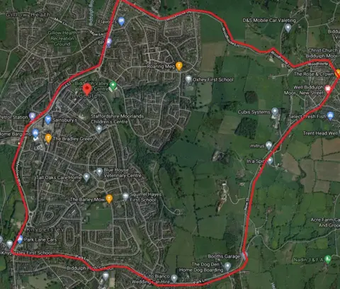 Staffordshire Police An aerial map of Biddulph and surrounding areas, with a red line encircling a large area.