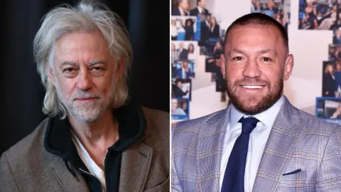 BBC / PA Media Bob Geldoff, left, with shoulder length grey hair and a beard, wearing a brown jacket.  Conor McGregor, right, with shaved hair, smiling, wearing a white shirt with blue tie, and a blue and white jacket.