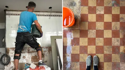 Francesca Griffiths Two pictures side-by-side - on the left, a man wearing a dirty blue T-shirt holds a bucket in front of some white tiles he is cleaning; on the right, a person's feet in black and white patterned shoes can be seen at the bottom, on top of red and yellow tiles.