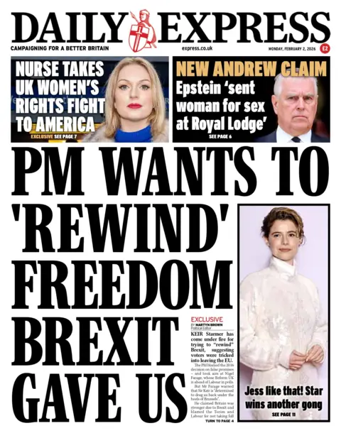 "PM wants to 'rewind' freedom Brexit gave us," reads the headline on the front page of the Daily Express.