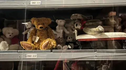 BBC Shelf stuffed with lots of teddy bears of all different colours - mainly white and brown. 