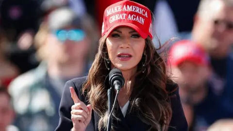 Getty Images South Dakota Governor Kristi Noem speaks before former US President and Republican presidential candidate Donald Trump takes the stage during a Buckeye Values PAC Rally in Vandalia, Ohio, on March 16, 2024.